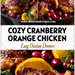 Golden skillet of Cranberry Orange Chicken Thighs baked with fresh cranberries and orange slices.